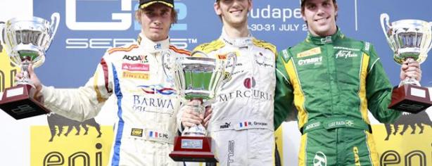 Grosjean en el podio de la primera carrera de GP2 en Hungría